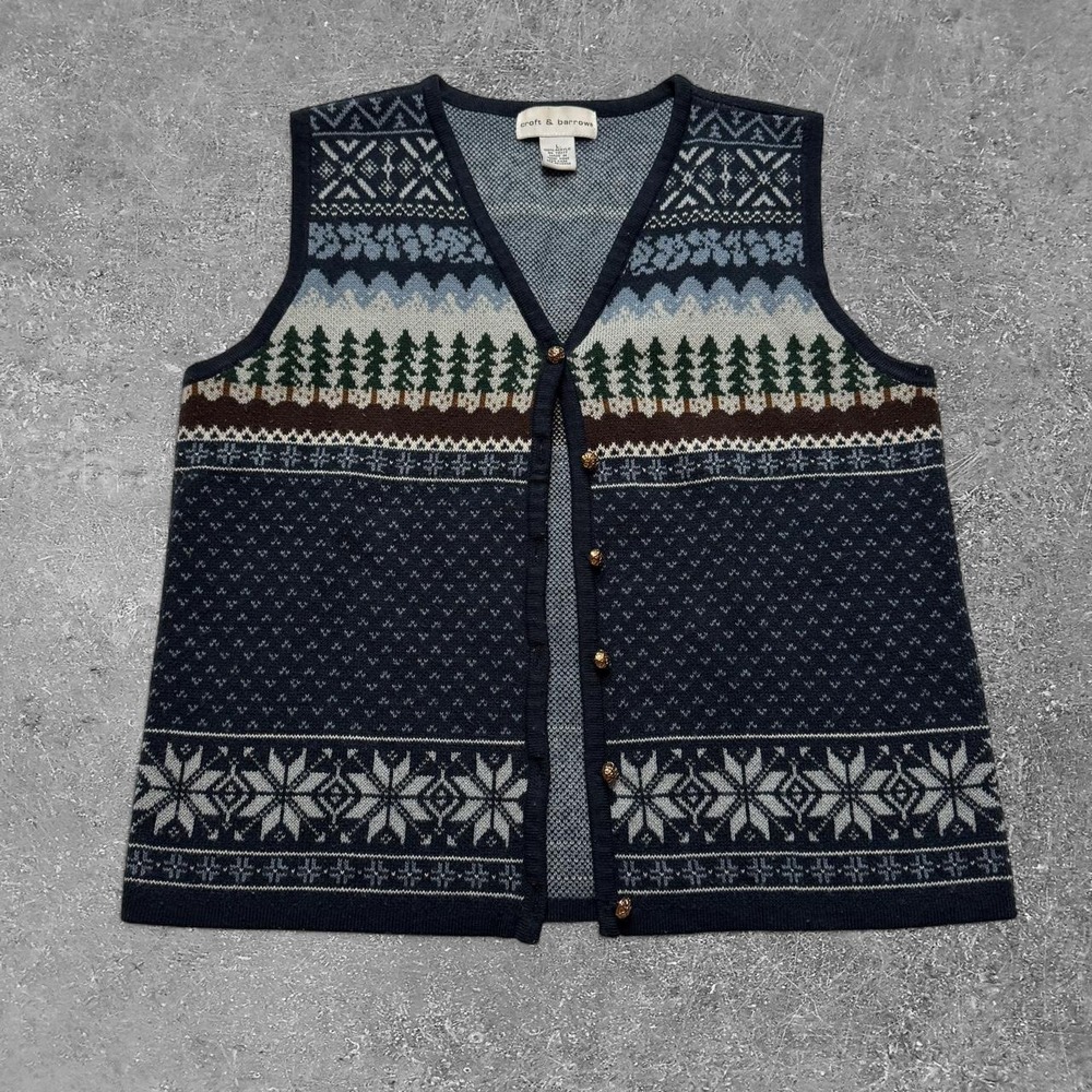 Croft & Barrow Womens Large Navy Blue Snowflake Tree Knit Winter Sweater Vest